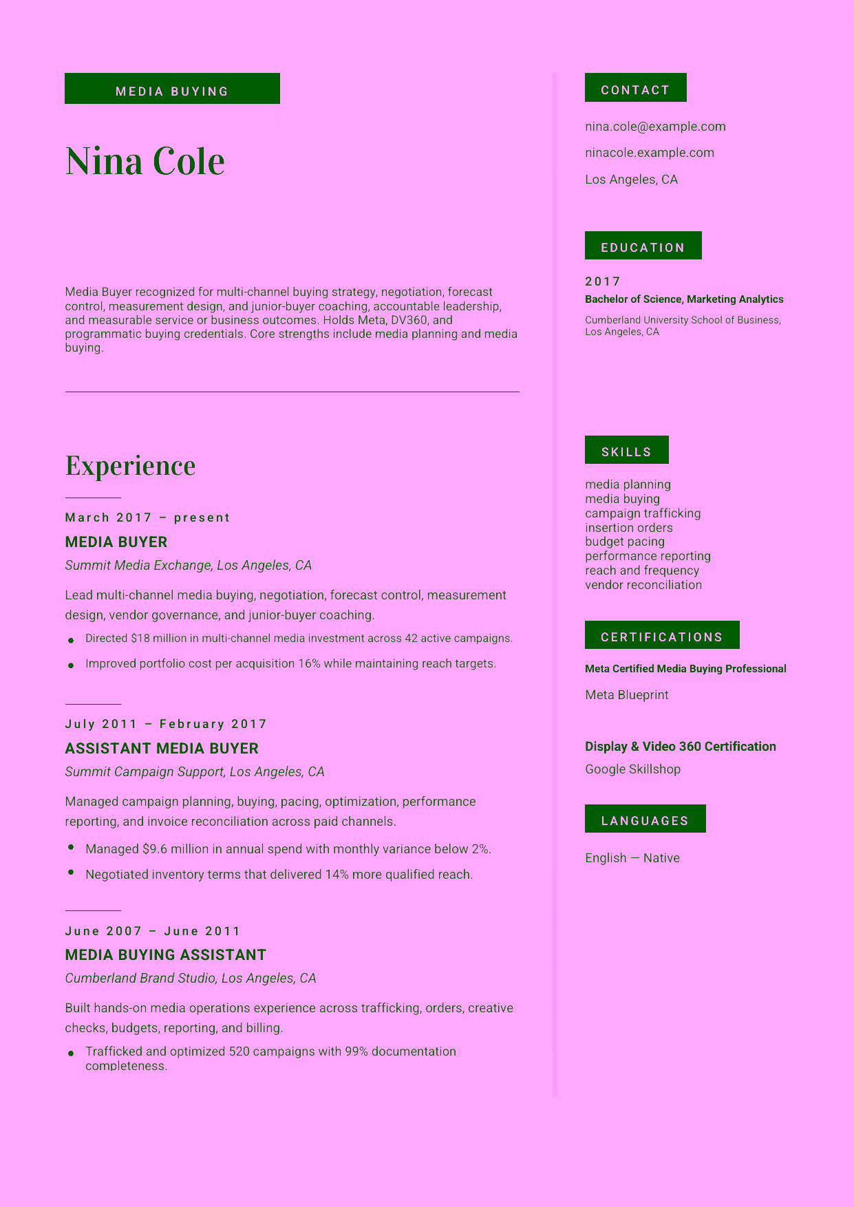 Advanced Media Buyer resume example in the Aquila template focused on multi-channel buying strategy, negotiation, forecast control, measurement design, and junior-buyer coaching.