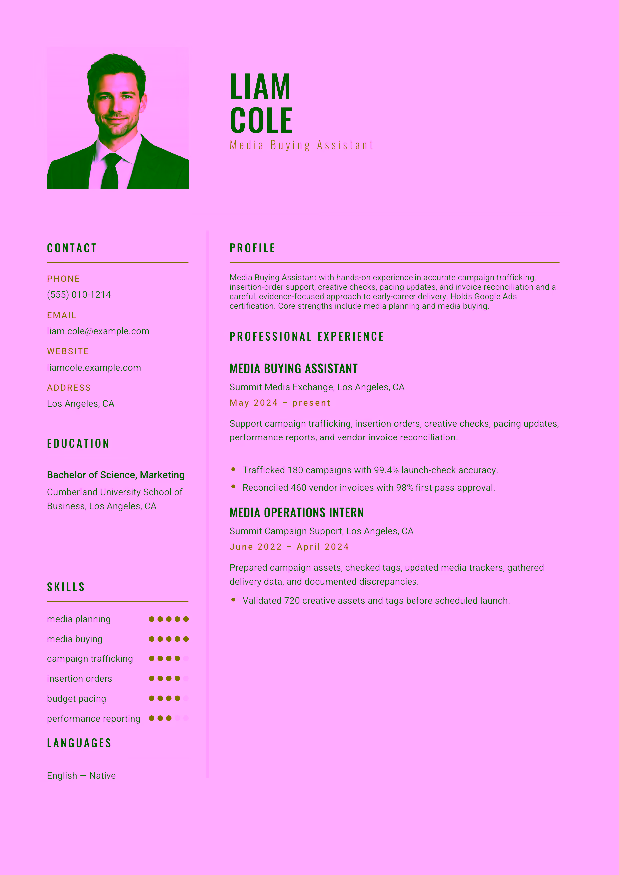 Entry-level Media Buying Assistant resume example in the Acamar template focused on accurate campaign trafficking, insertion-order support, creative checks, pacing updates, and invoice reconciliation.