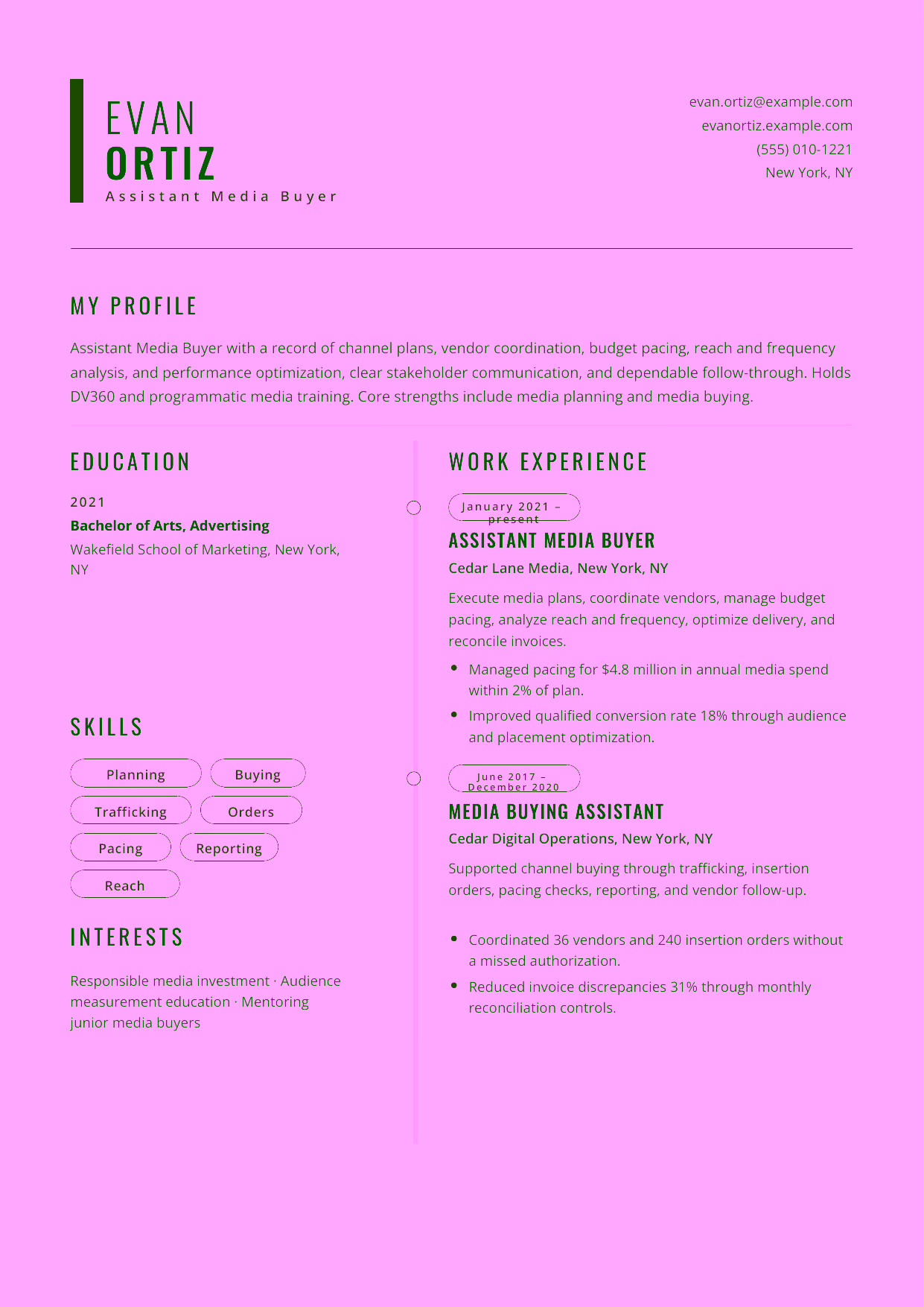 Mid-level Assistant Media Buyer resume example in the Caelum template focused on channel plans, vendor coordination, budget pacing, reach and frequency analysis, and performance optimization.