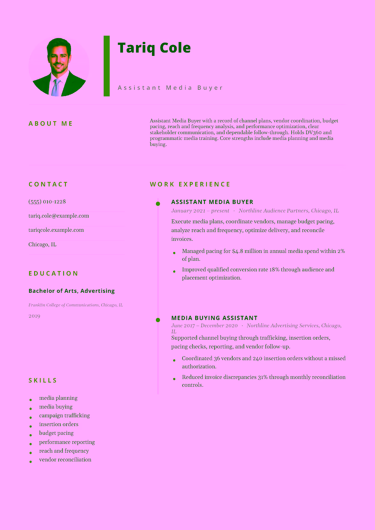 Mid-level Assistant Media Buyer resume example in the Pegasus template focused on channel plans, vendor coordination, budget pacing, reach and frequency analysis, and performance optimization.