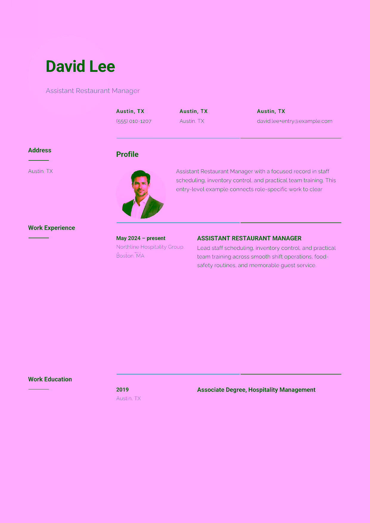 Entry-level Assistant Restaurant Manager resume example in the Pavo template focused on smooth shift operations, food-safety routines, and memorable guest service.