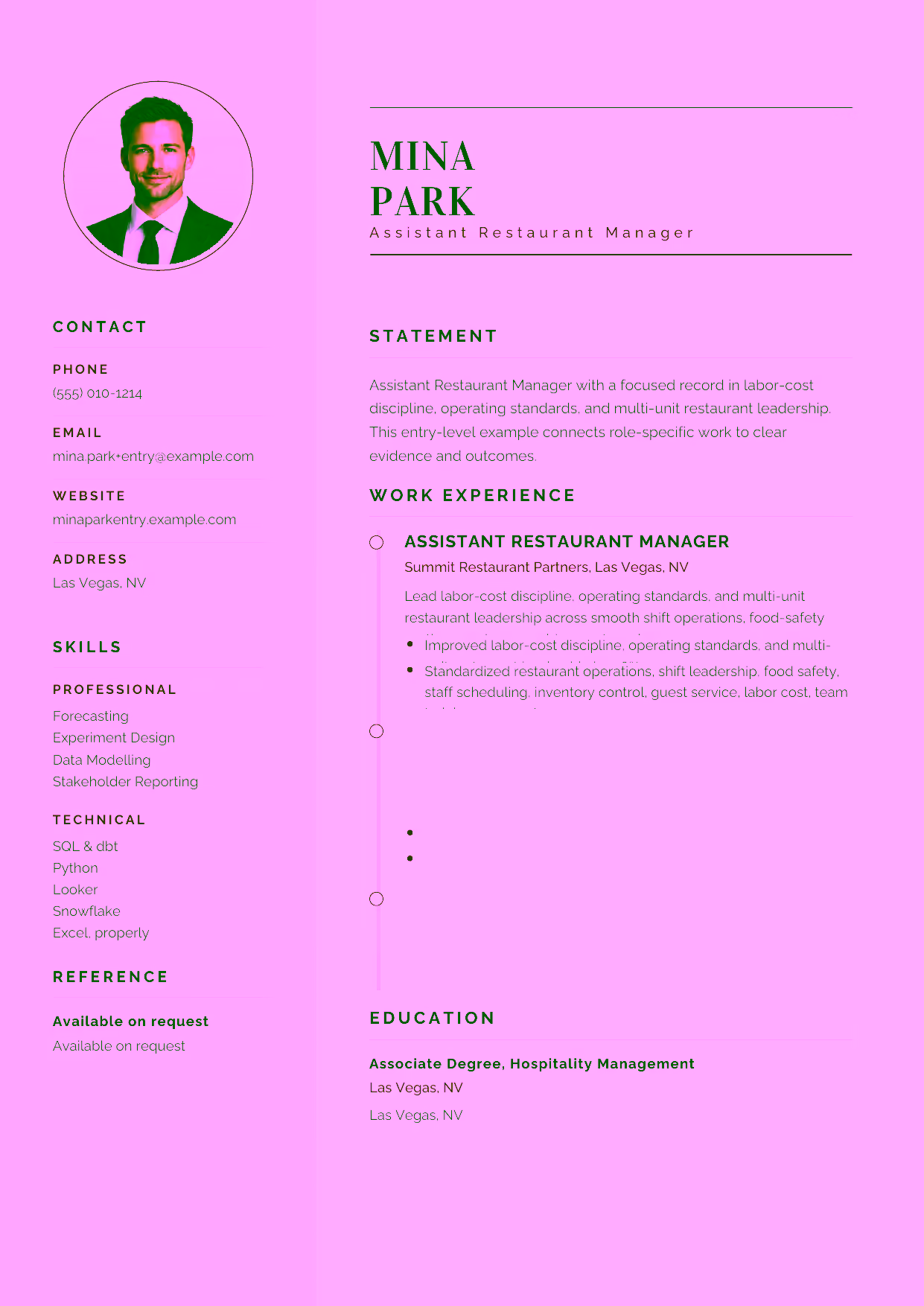 Entry-level Assistant Restaurant Manager resume example in the Cetus template focused on smooth shift operations, food-safety routines, and memorable guest service.