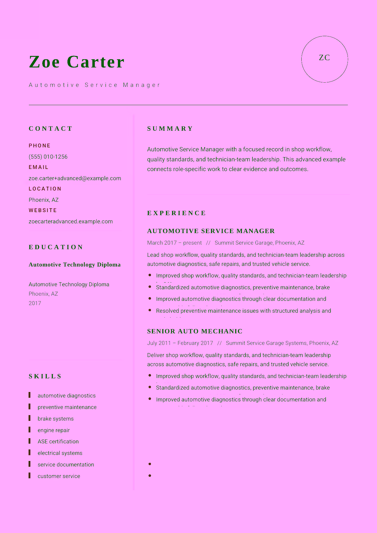 Advanced Automotive Service Manager resume example in the Grus template focused on shop workflow, quality standards, and technician-team leadership.