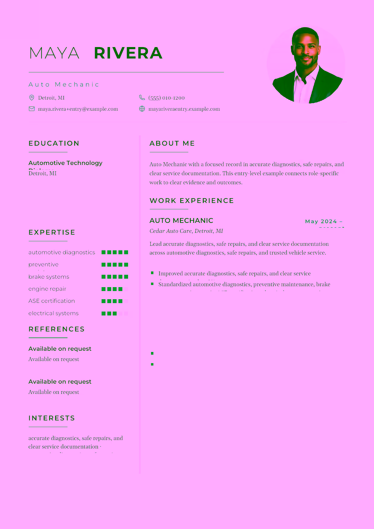 Entry-level Auto Mechanic resume example in the Achernar template focused on accurate diagnostics, safe repairs, and clear service documentation.