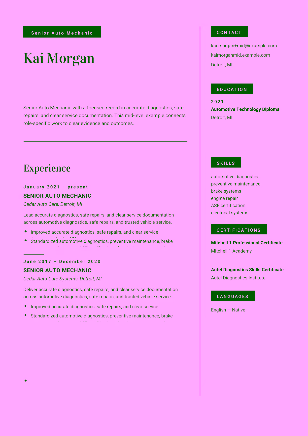 Mid-level Senior Auto Mechanic resume example in the Aquila template focused on complex drivability work, preventive maintenance, and customer trust.