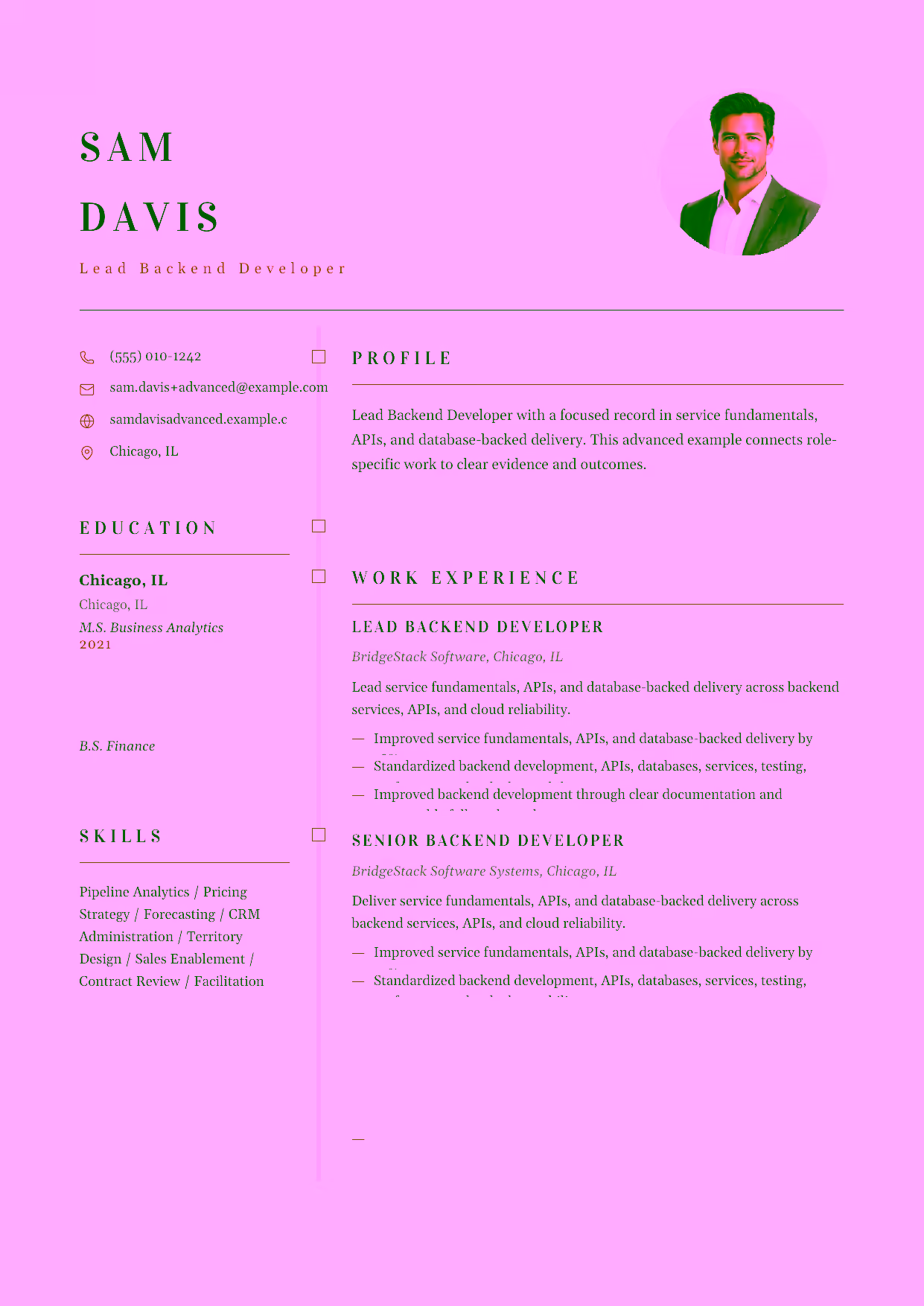 Advanced Lead Backend Developer resume example in the Draco template focused on backend architecture, observability, and technical leadership.