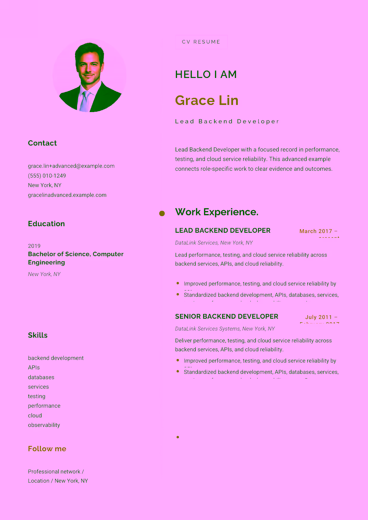Advanced Lead Backend Developer resume example in the Eridanus template focused on backend architecture, observability, and technical leadership.