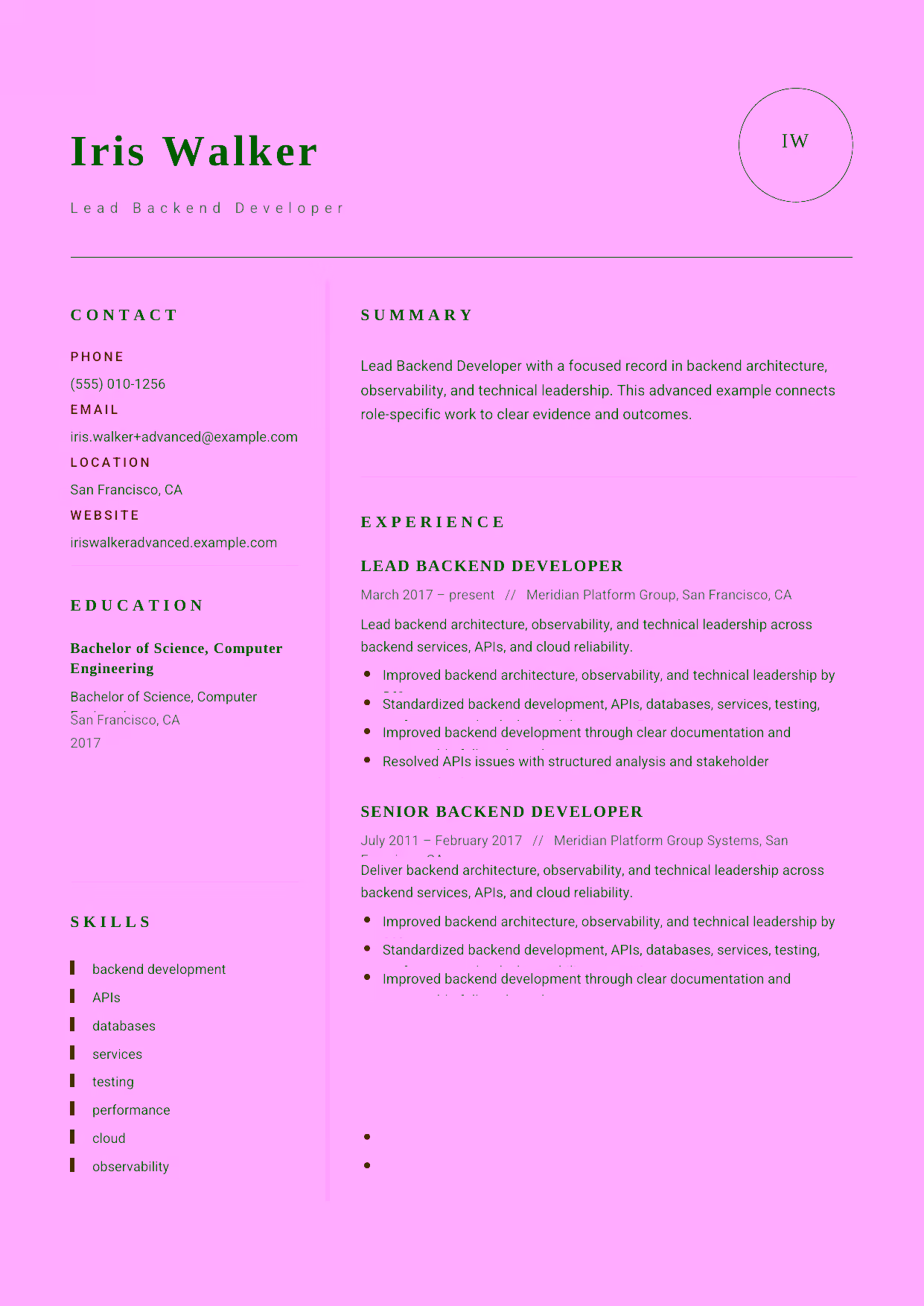 Advanced Lead Backend Developer resume example in the Grus template focused on backend architecture, observability, and technical leadership.