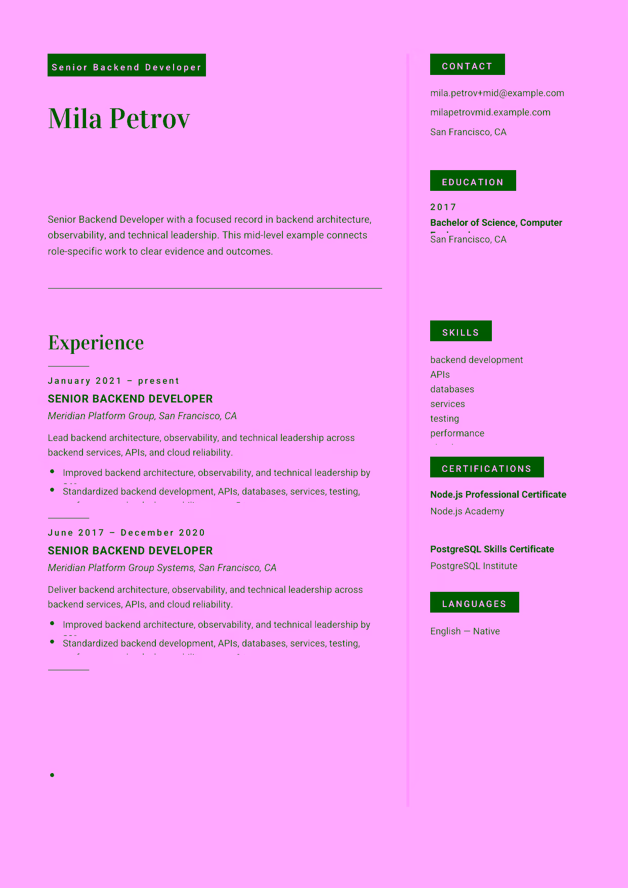Mid-level Senior Backend Developer resume example in the Aquila template focused on performance, testing, and cloud service reliability.