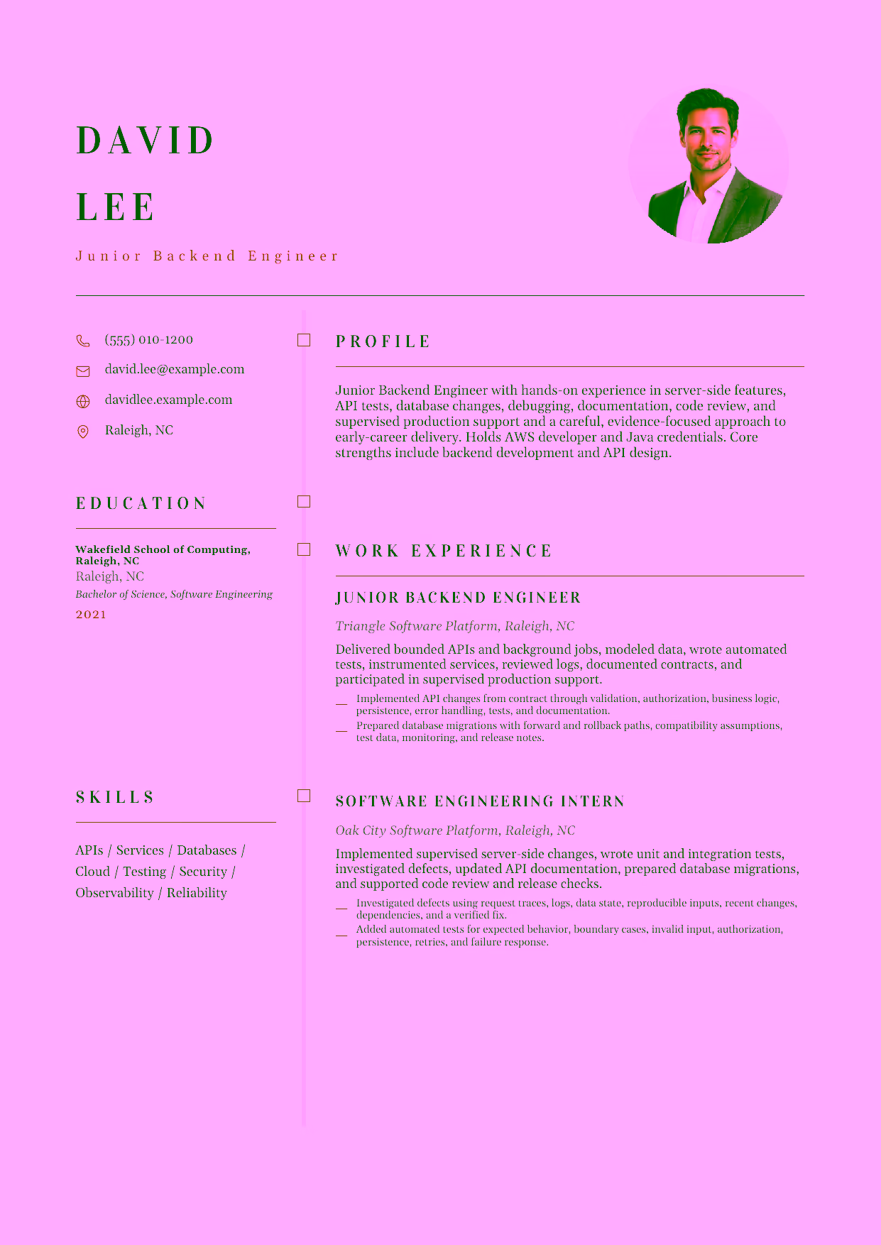 Entry-level Junior Backend Engineer resume example in the Draco template focused on server-side features, API tests, database changes, debugging, documentation, code review, and supervised production support.
