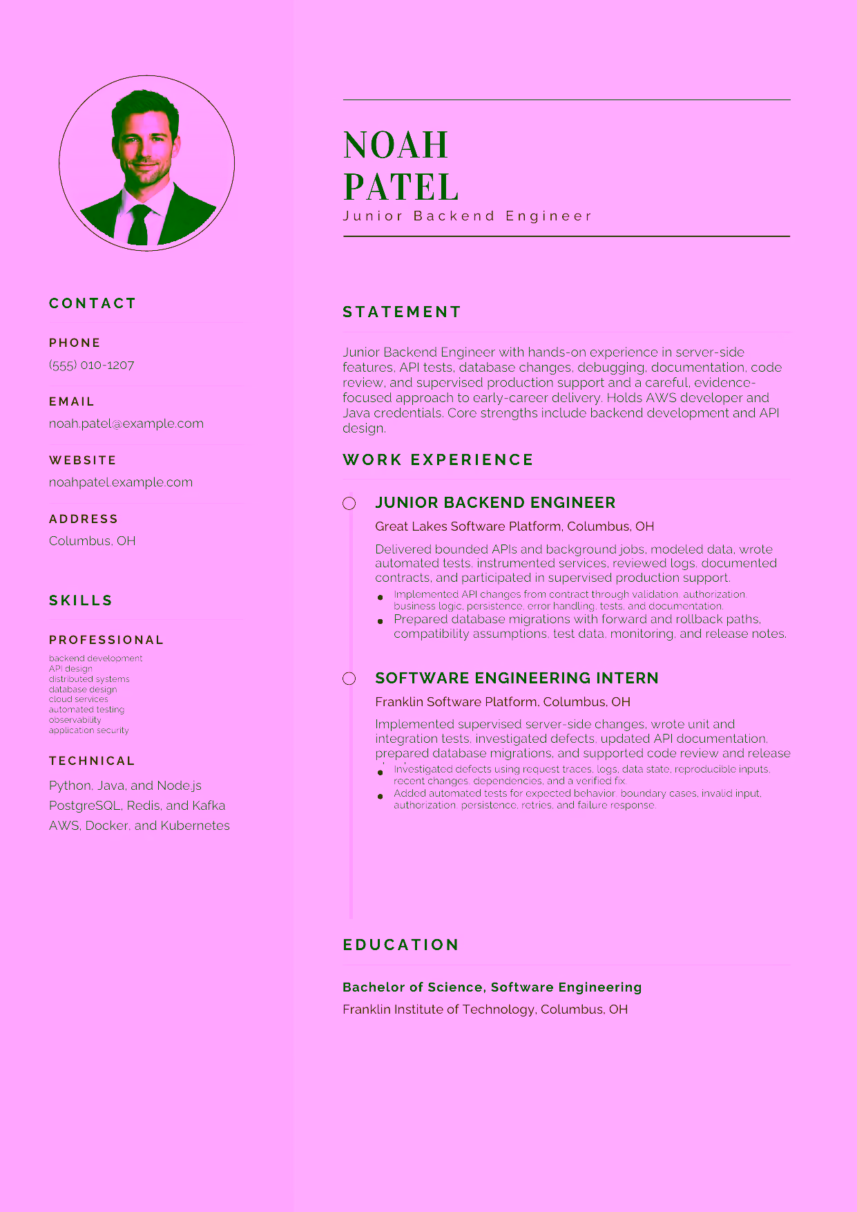 Entry-level Junior Backend Engineer resume example in the Cetus template focused on server-side features, API tests, database changes, debugging, documentation, code review, and supervised production support.