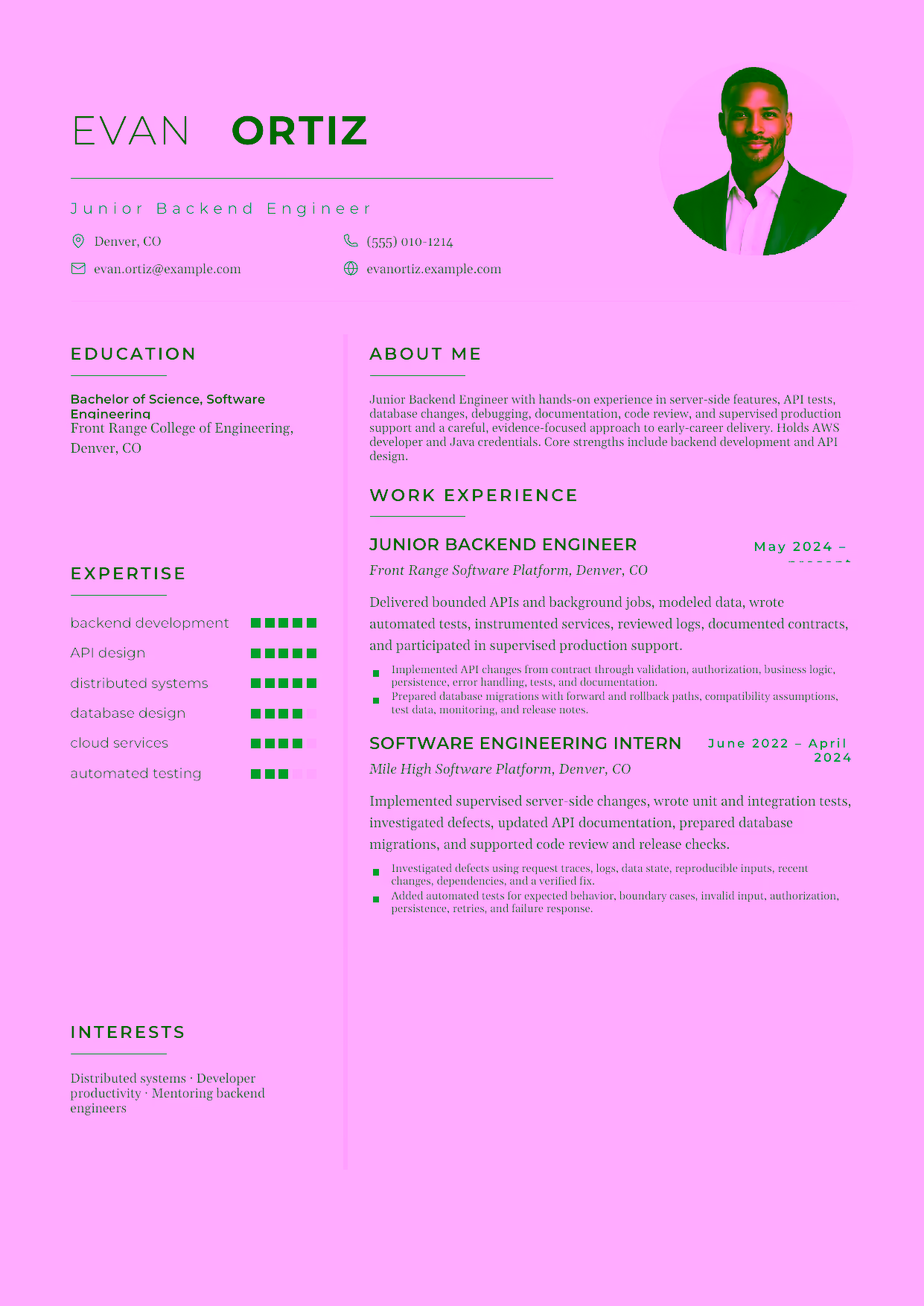 Entry-level Junior Backend Engineer resume example in the Achernar template focused on server-side features, API tests, database changes, debugging, documentation, code review, and supervised production support.