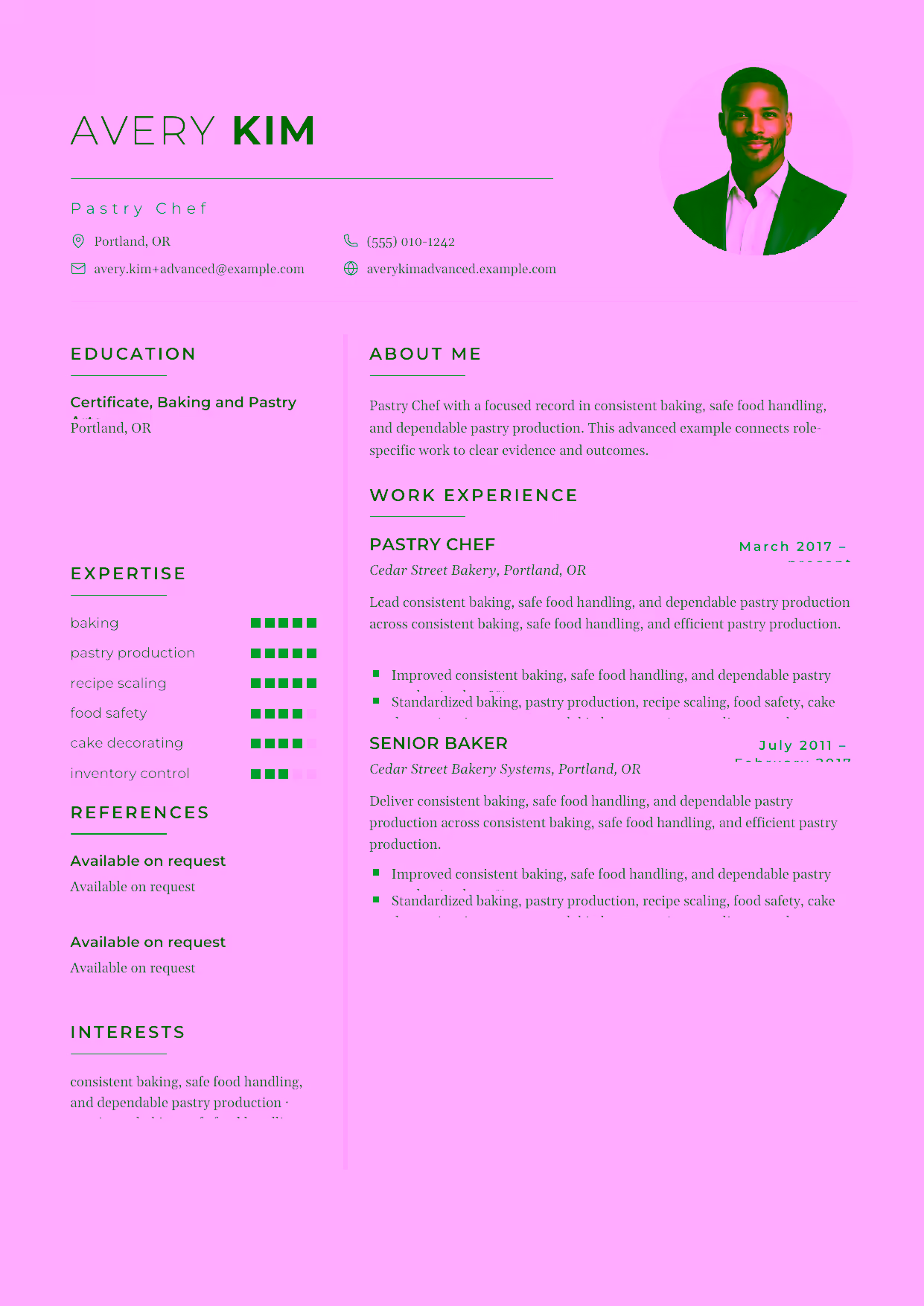 Advanced Pastry Chef resume example in the Achernar template focused on bakery quality standards, inventory control, and production-team leadership.