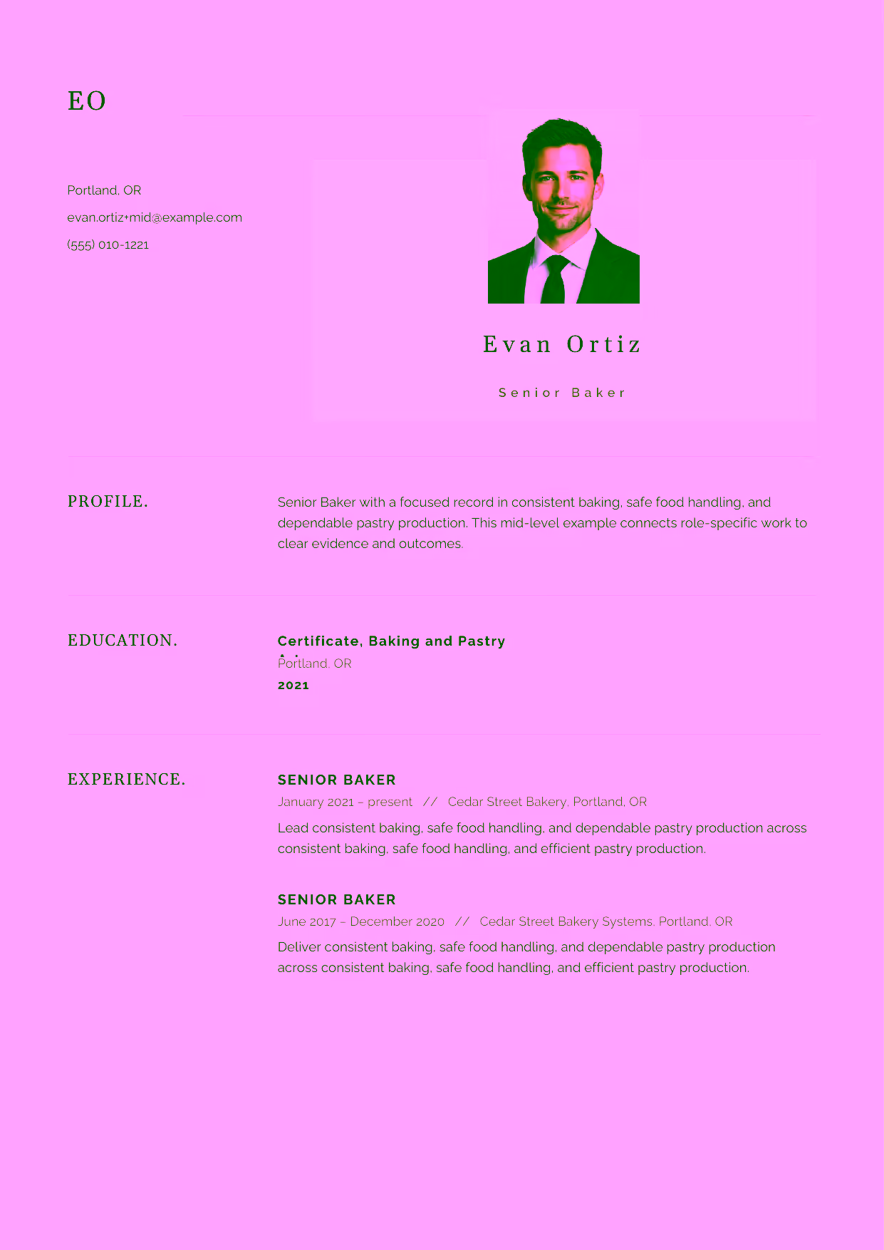 Mid-level Senior Baker resume example in the Norma template focused on recipe scaling, cake decorating, and efficient kitchen operations.