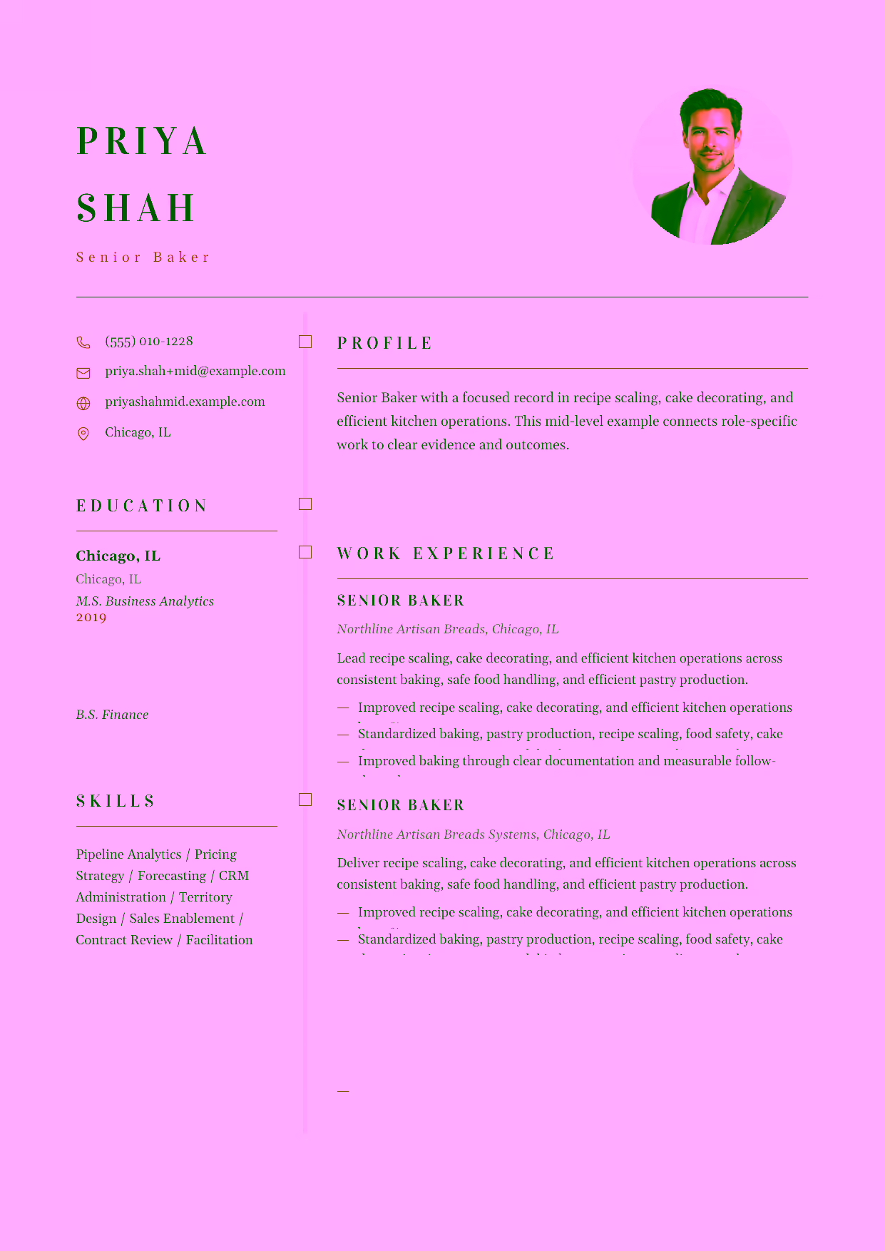 Mid-level Senior Baker resume example in the Draco template focused on recipe scaling, cake decorating, and efficient kitchen operations.