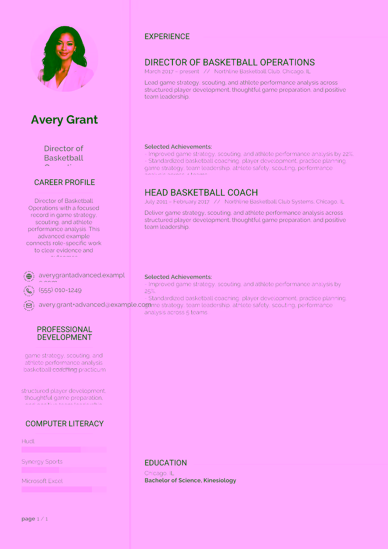 Advanced Director of Basketball Operations resume example in the Synnove template focused on basketball program direction, recruiting, and coaching-team leadership.
