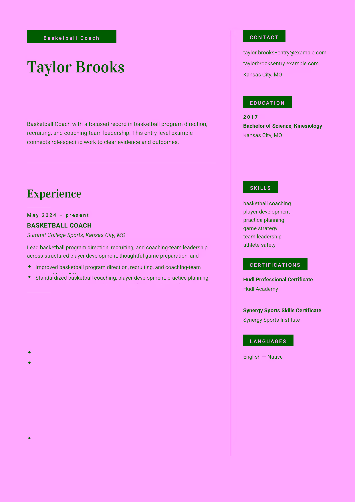 Entry-level Basketball Coach resume example in the Aquila template focused on structured practice planning, player development, and positive team culture.
