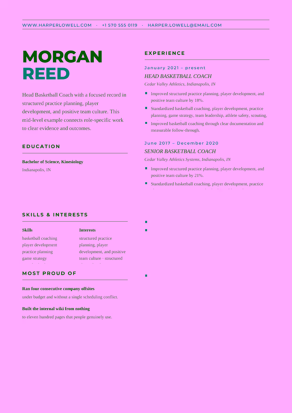 Mid-level Head Basketball Coach resume example in the Bootes template focused on game strategy, scouting, and athlete performance analysis.