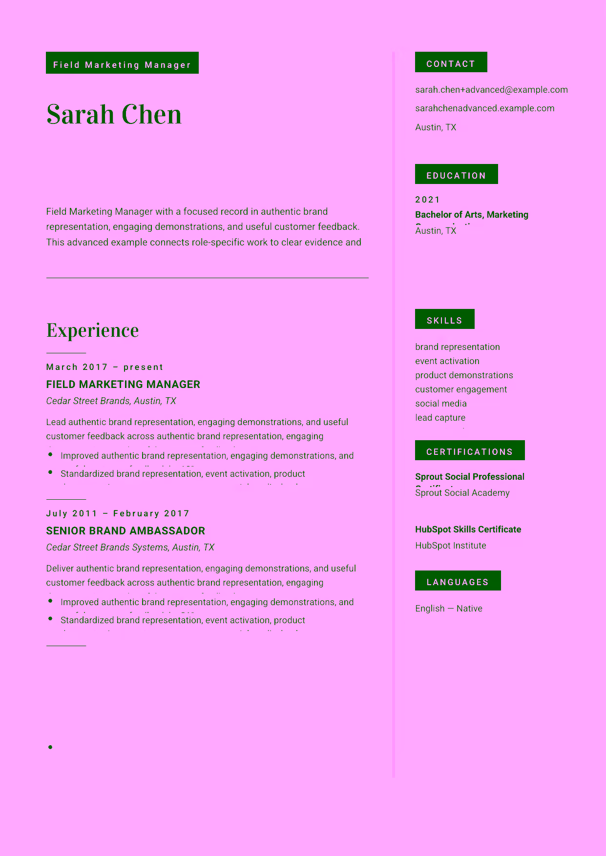 Advanced Field Marketing Manager resume example in the Aquila template focused on field-marketing strategy, retail partnerships, and ambassador-team leadership.