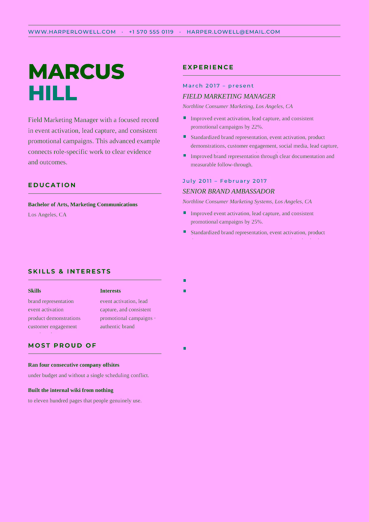 Advanced Field Marketing Manager resume example in the Bootes template focused on field-marketing strategy, retail partnerships, and ambassador-team leadership.