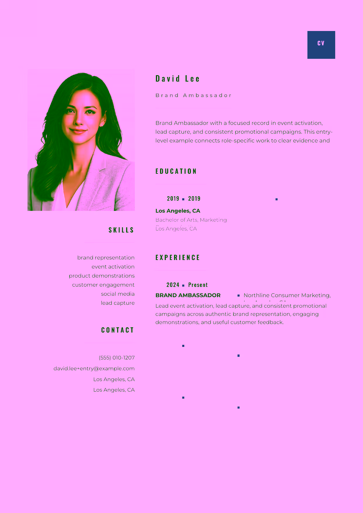 Entry-level Brand Ambassador resume example in the Pyxis template focused on authentic brand representation, engaging demonstrations, and useful customer feedback.