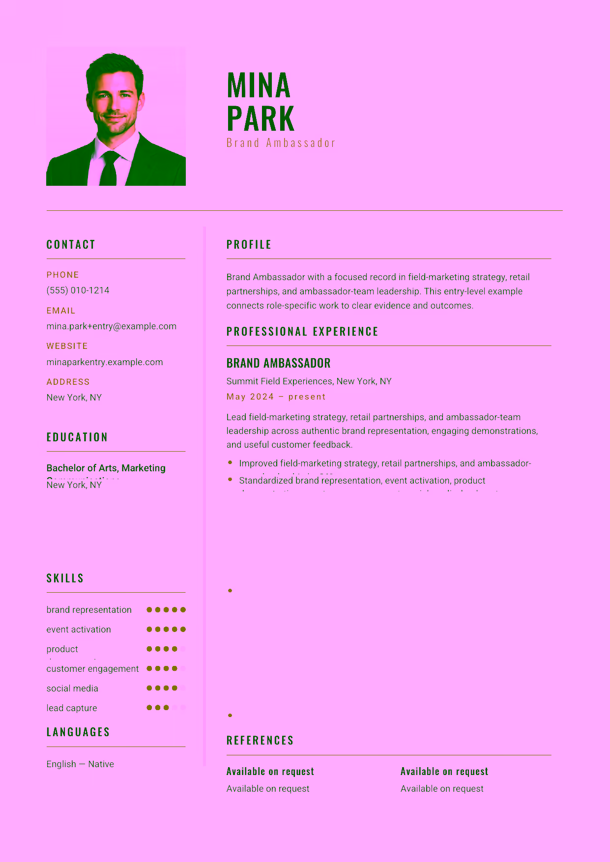 Entry-level Brand Ambassador resume example in the Acamar template focused on authentic brand representation, engaging demonstrations, and useful customer feedback.