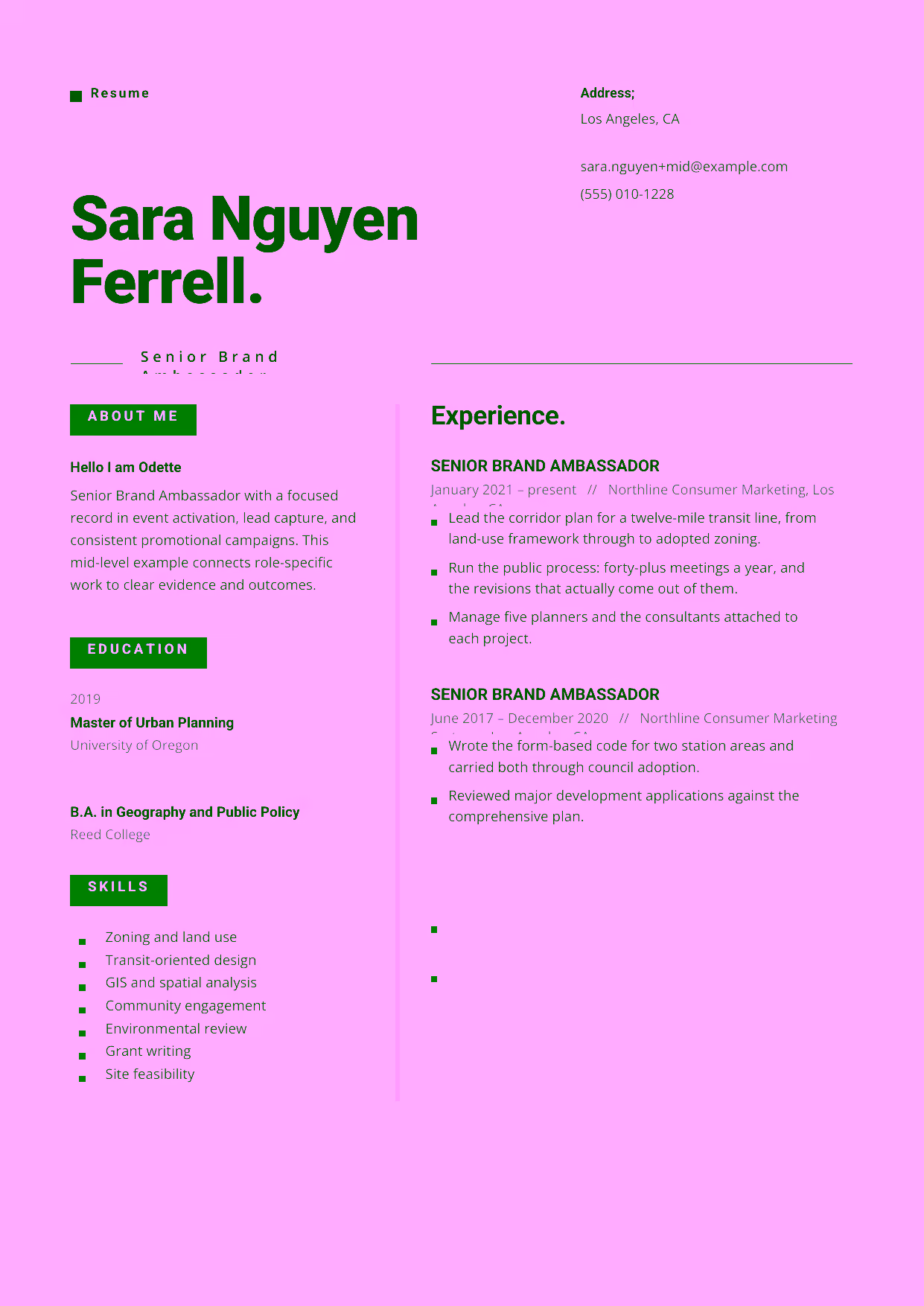 Mid-level Senior Brand Ambassador resume example in the Indus template focused on event activation, lead capture, and consistent promotional campaigns.