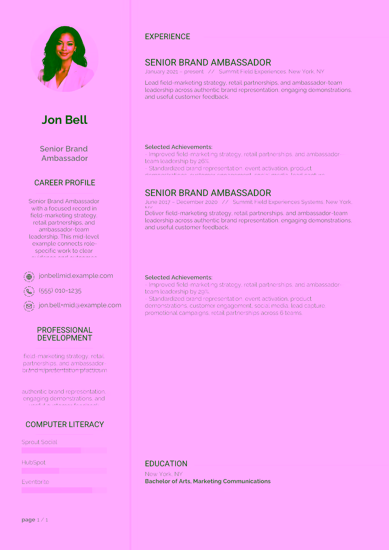 Mid-level Senior Brand Ambassador resume example in the Synnove template focused on event activation, lead capture, and consistent promotional campaigns.