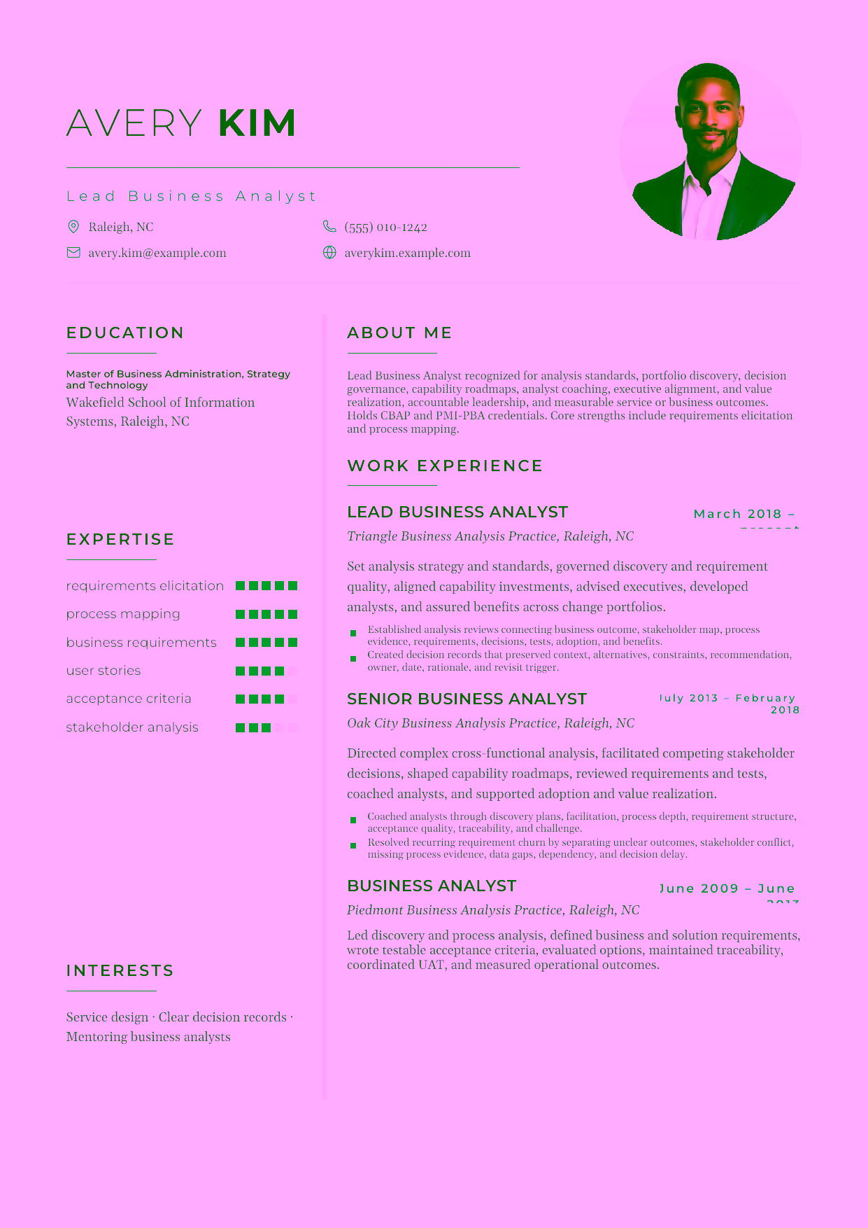 Advanced Lead Business Analyst resume example in the Achernar template focused on analysis standards, portfolio discovery, decision governance, capability roadmaps, analyst coaching, executive alignment, and value realization.