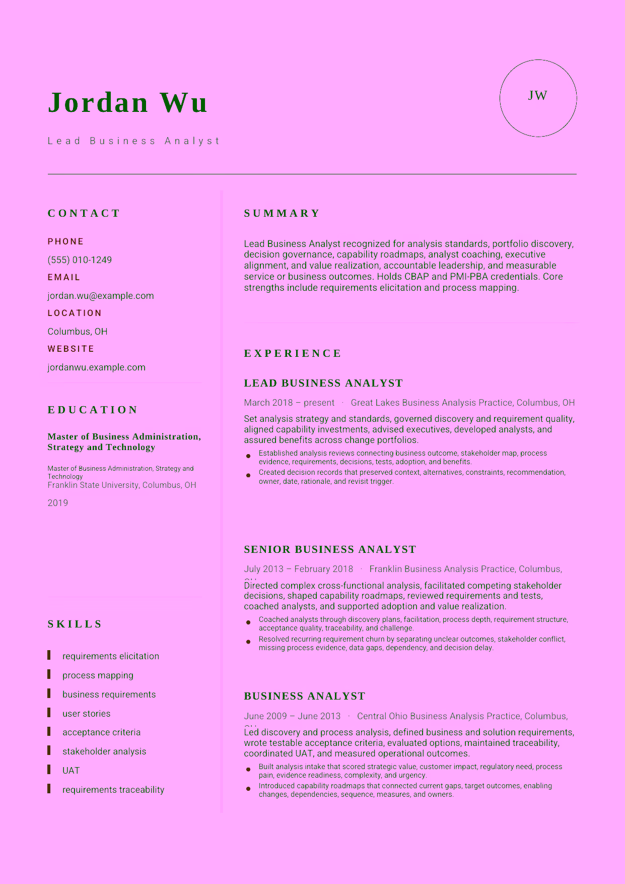 Advanced Lead Business Analyst resume example in the Grus template focused on analysis standards, portfolio discovery, decision governance, capability roadmaps, analyst coaching, executive alignment, and value realization.