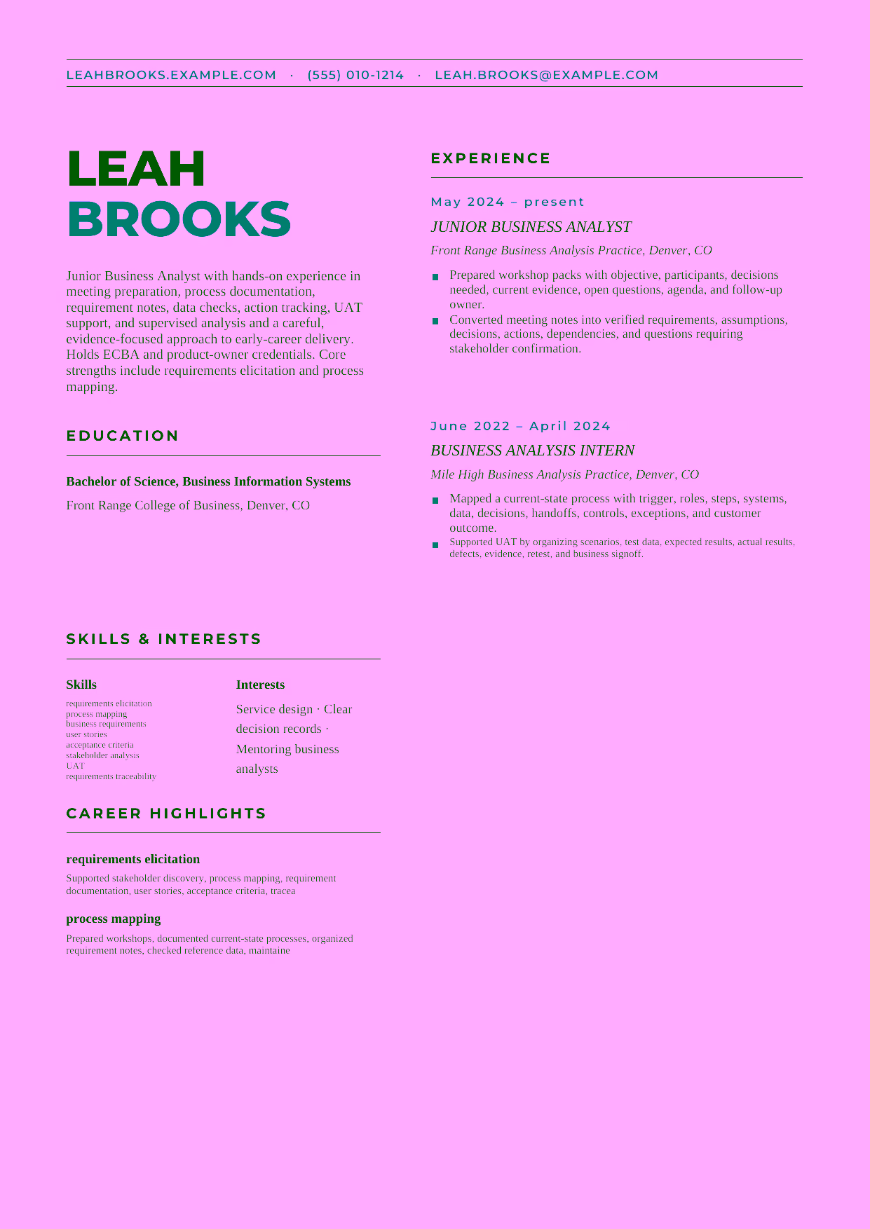 Entry-level Junior Business Analyst resume example in the Bootes template focused on meeting preparation, process documentation, requirement notes, data checks, action tracking, UAT support, and supervised analysis.