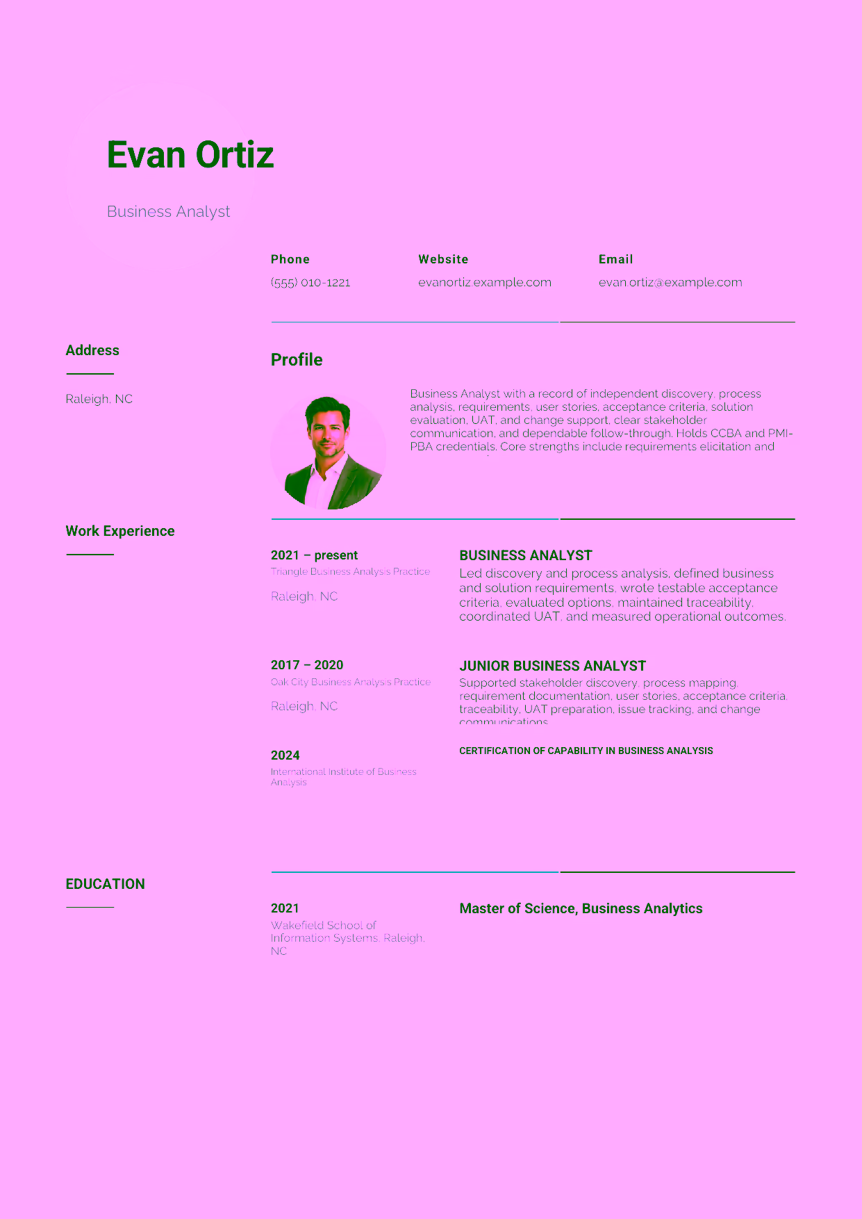 Mid-level Business Analyst resume example in the Pavo template focused on independent discovery, process analysis, requirements, user stories, acceptance criteria, solution evaluation, UAT, and change support.