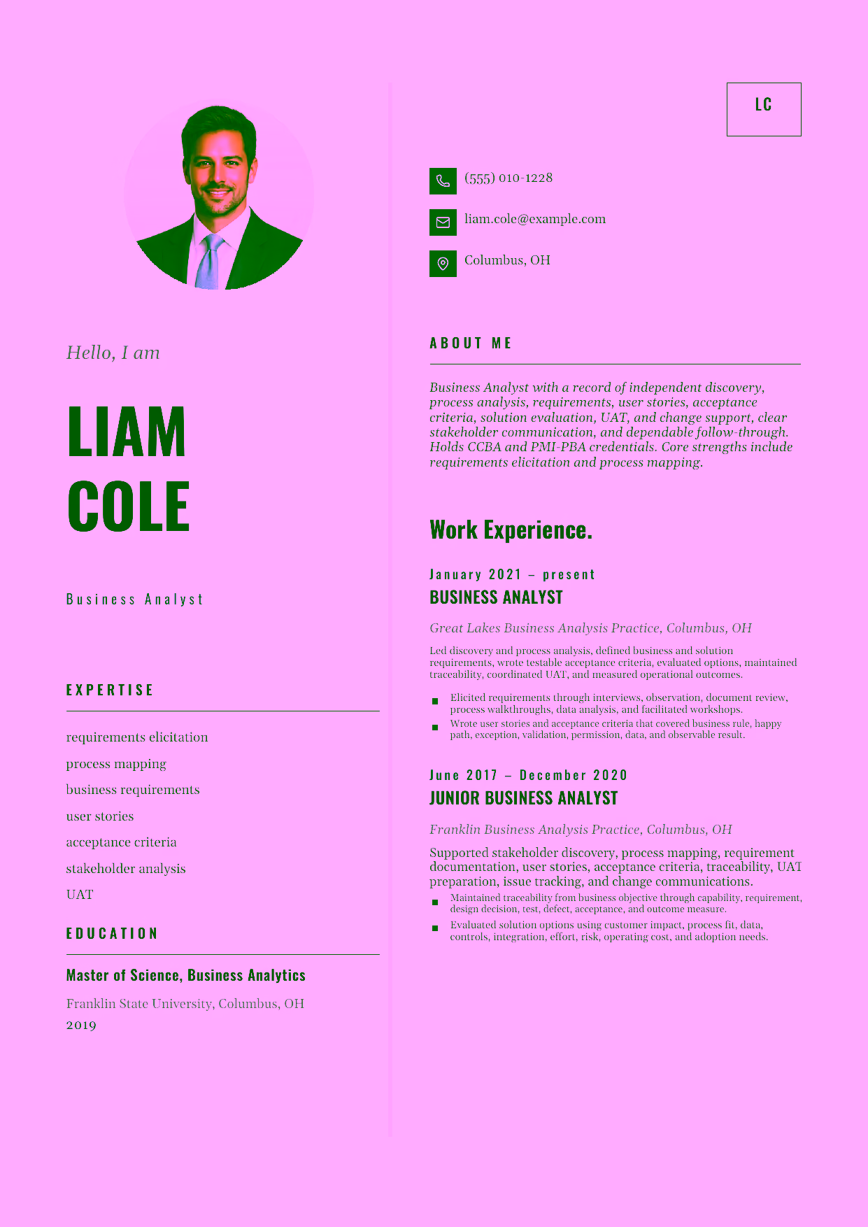 Mid-level Business Analyst resume example in the Equuleus template focused on independent discovery, process analysis, requirements, user stories, acceptance criteria, solution evaluation, UAT, and change support.