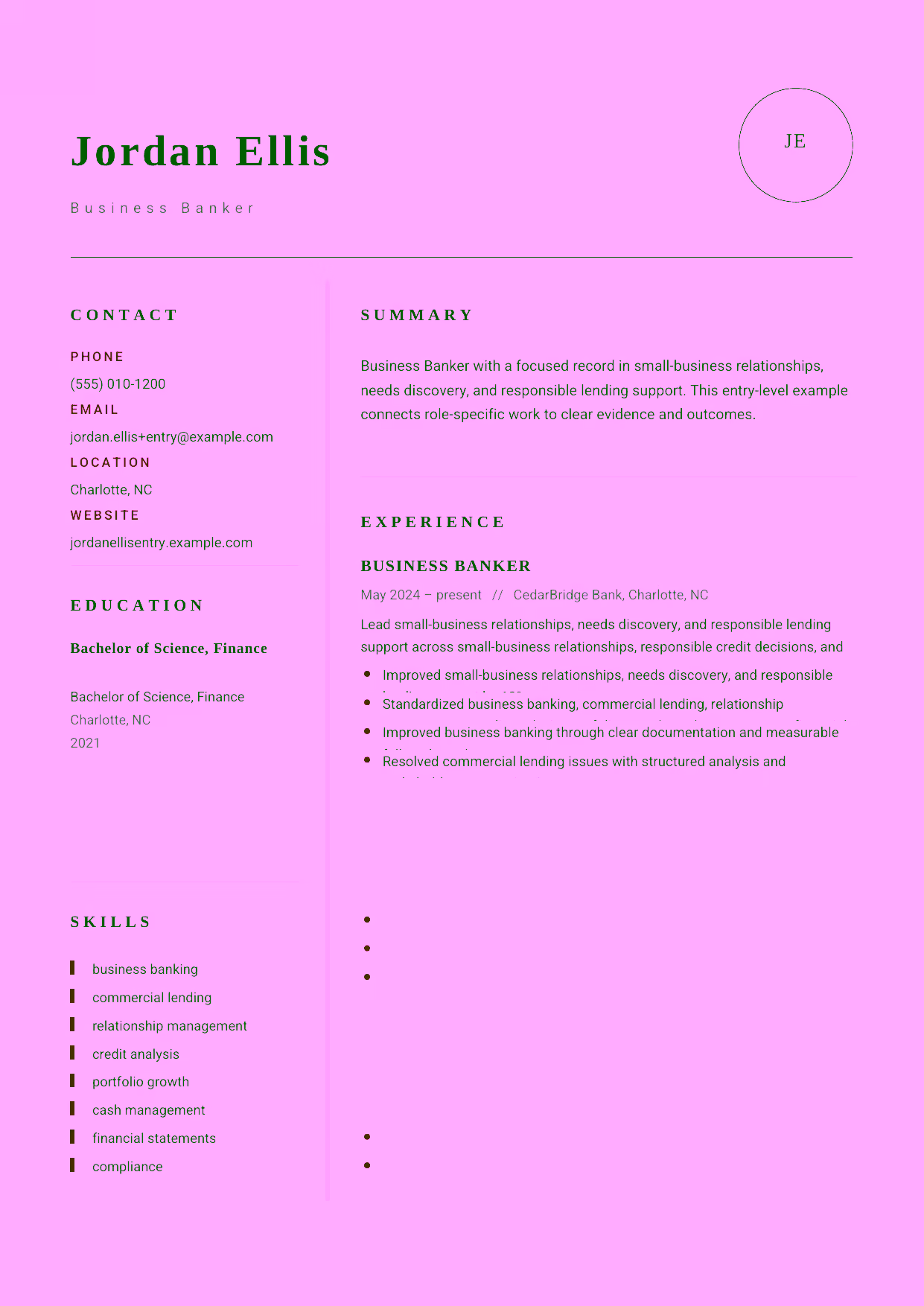 Entry-level Business Banker resume example in the Grus template focused on small-business relationships, needs discovery, and responsible lending support.