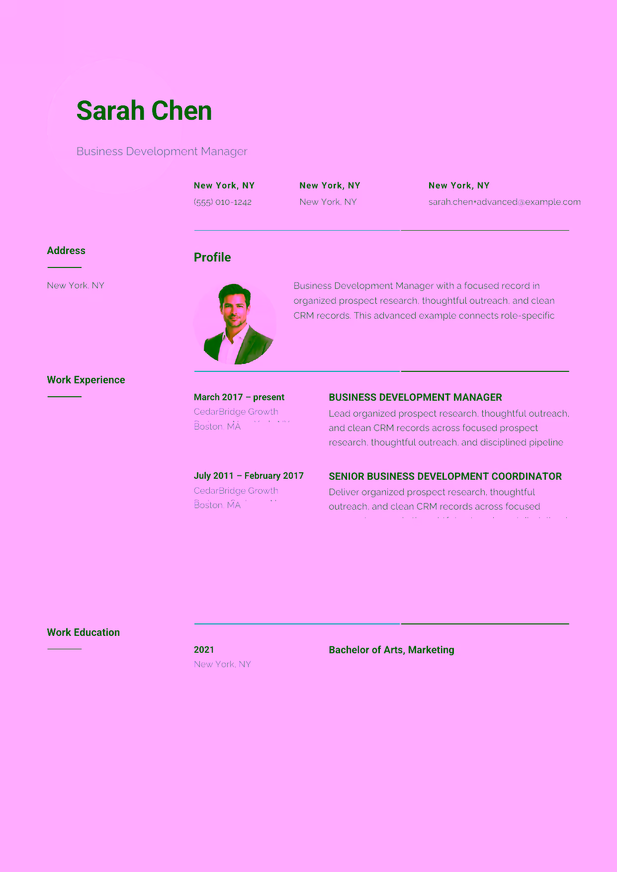Advanced Business Development Manager resume example in the Pavo template focused on business-development operations, market insight, and growth-team leadership.