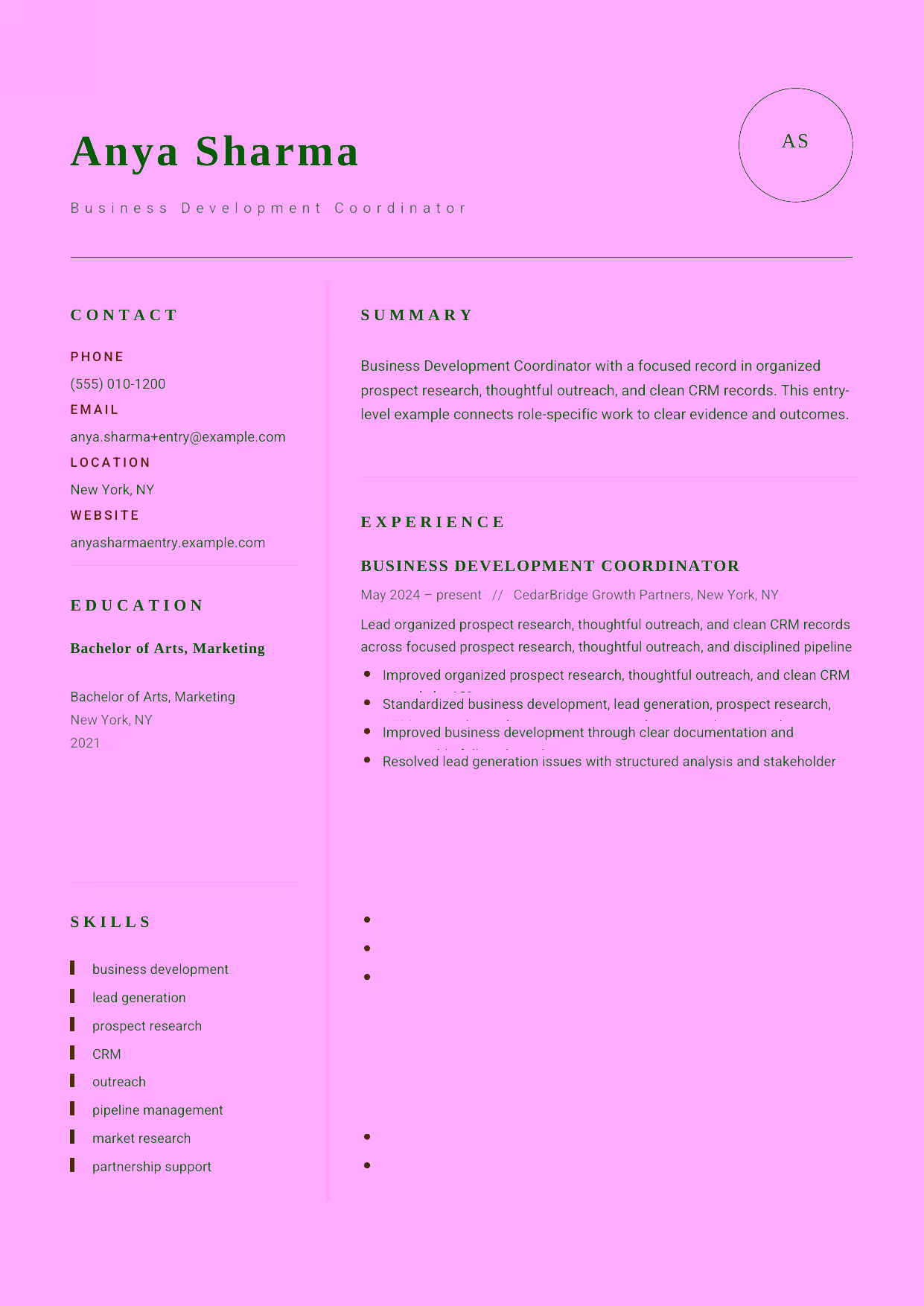 Entry-level Business Development Coordinator resume example in the Grus template focused on organized prospect research, thoughtful outreach, and clean CRM records.