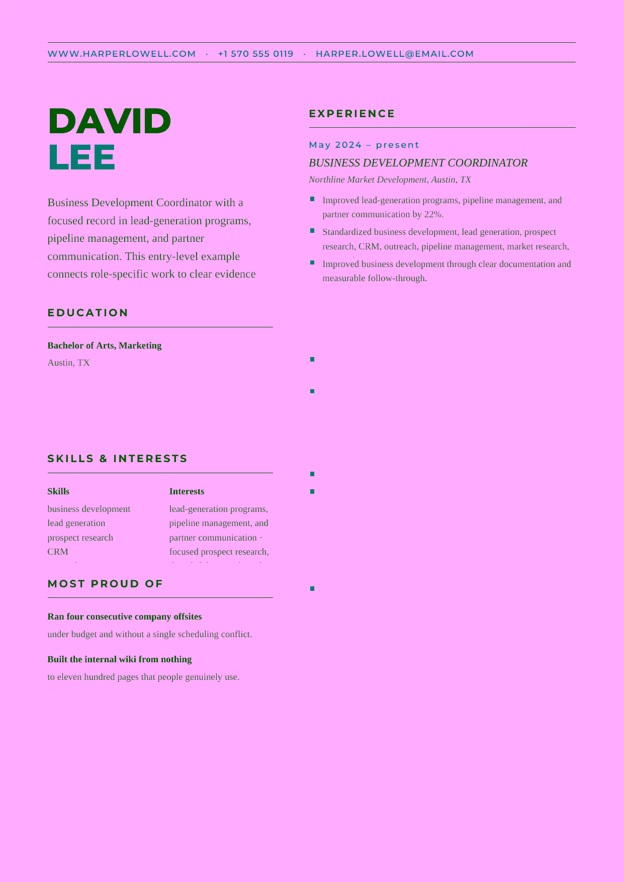 Entry-level Business Development Coordinator resume example in the Bootes template focused on organized prospect research, thoughtful outreach, and clean CRM records.