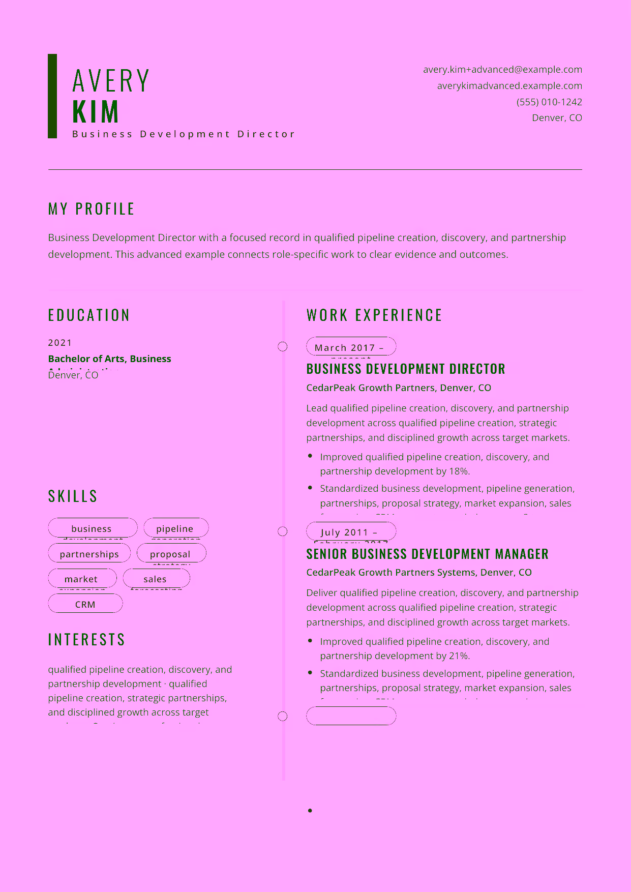 Advanced Business Development Director resume example in the Caelum template focused on market expansion, strategic alliances, and business-development leadership.