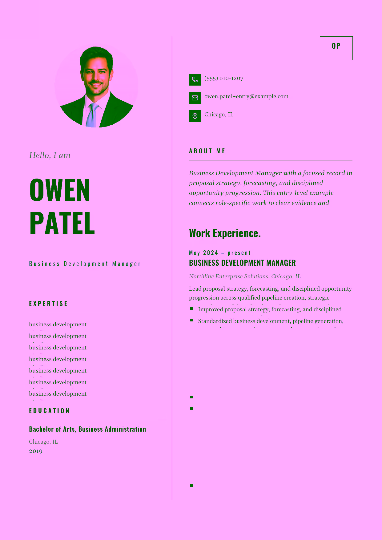 Entry-level Business Development Manager resume example in the Equuleus template focused on qualified pipeline creation, discovery, and partnership development.