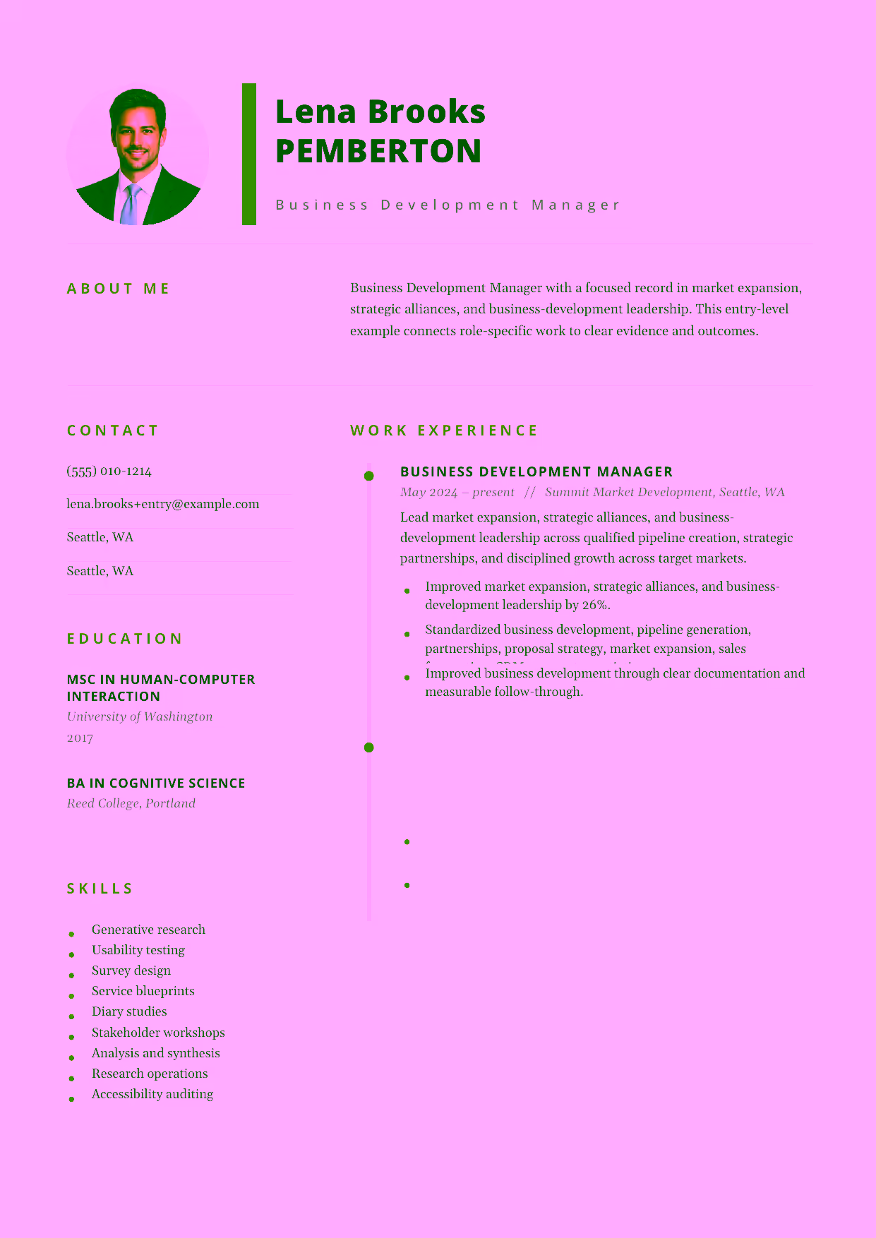 Entry-level Business Development Manager resume example in the Pegasus template focused on qualified pipeline creation, discovery, and partnership development.