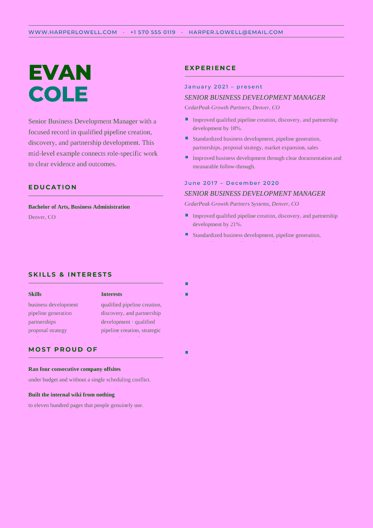 Mid-level Senior Business Development Manager resume example in the Bootes template focused on proposal strategy, forecasting, and disciplined opportunity progression.