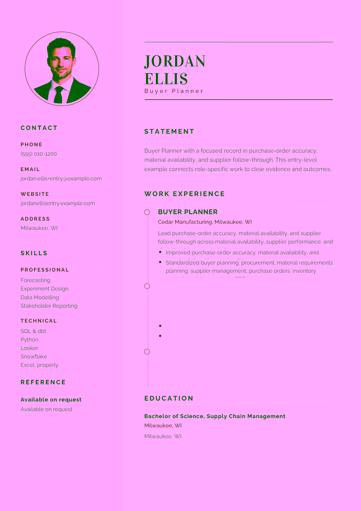 Entry-level Buyer Planner resume example in the Cetus template focused on purchase-order accuracy, material availability, and supplier follow-through.