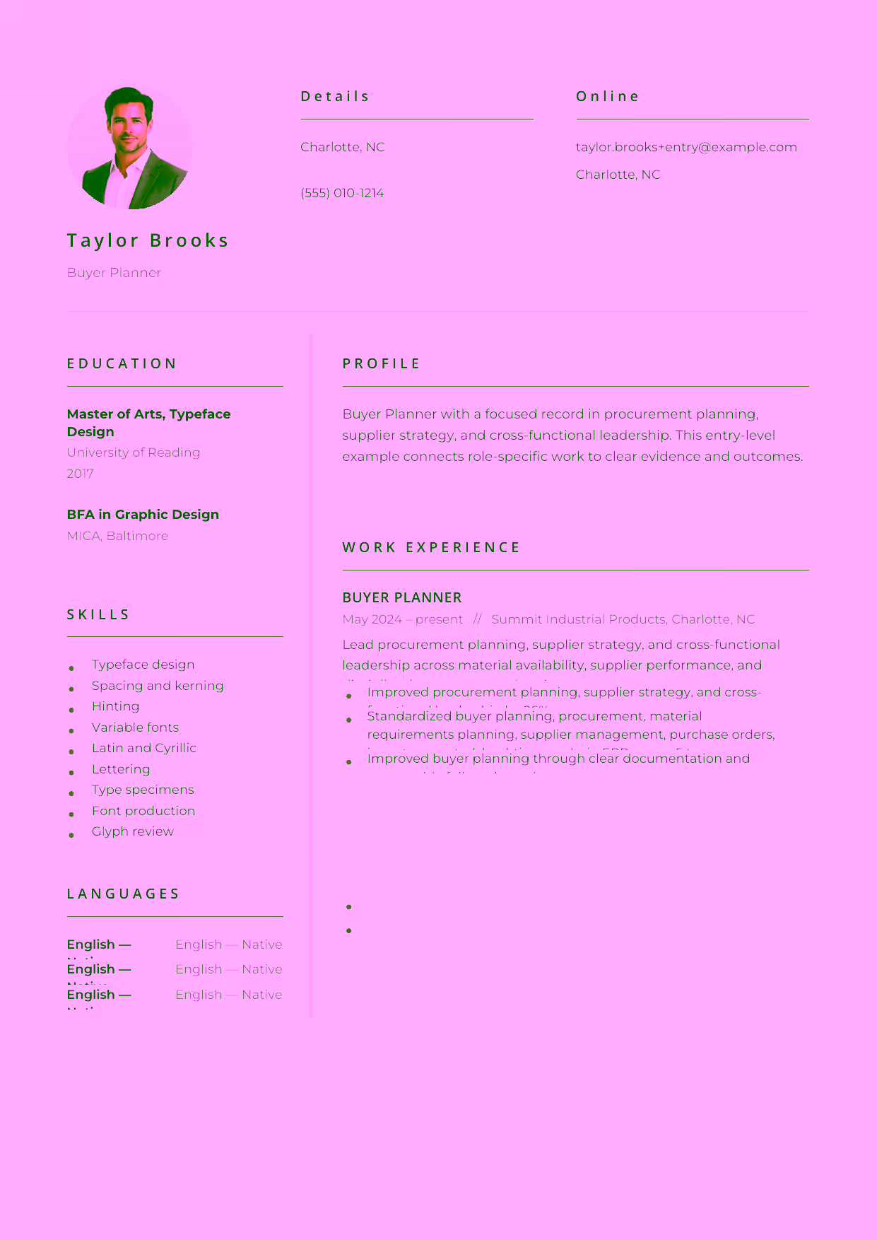 Entry-level Buyer Planner resume example in the Pictor template focused on purchase-order accuracy, material availability, and supplier follow-through.