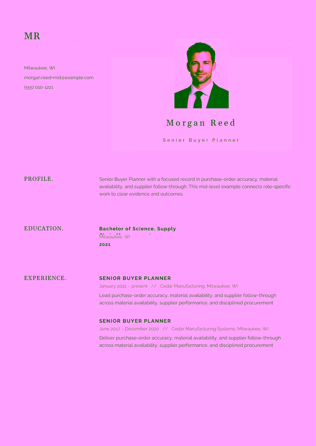 Mid-level Senior Buyer Planner resume example in the Norma template focused on lead-time analysis, inventory health, and production continuity.