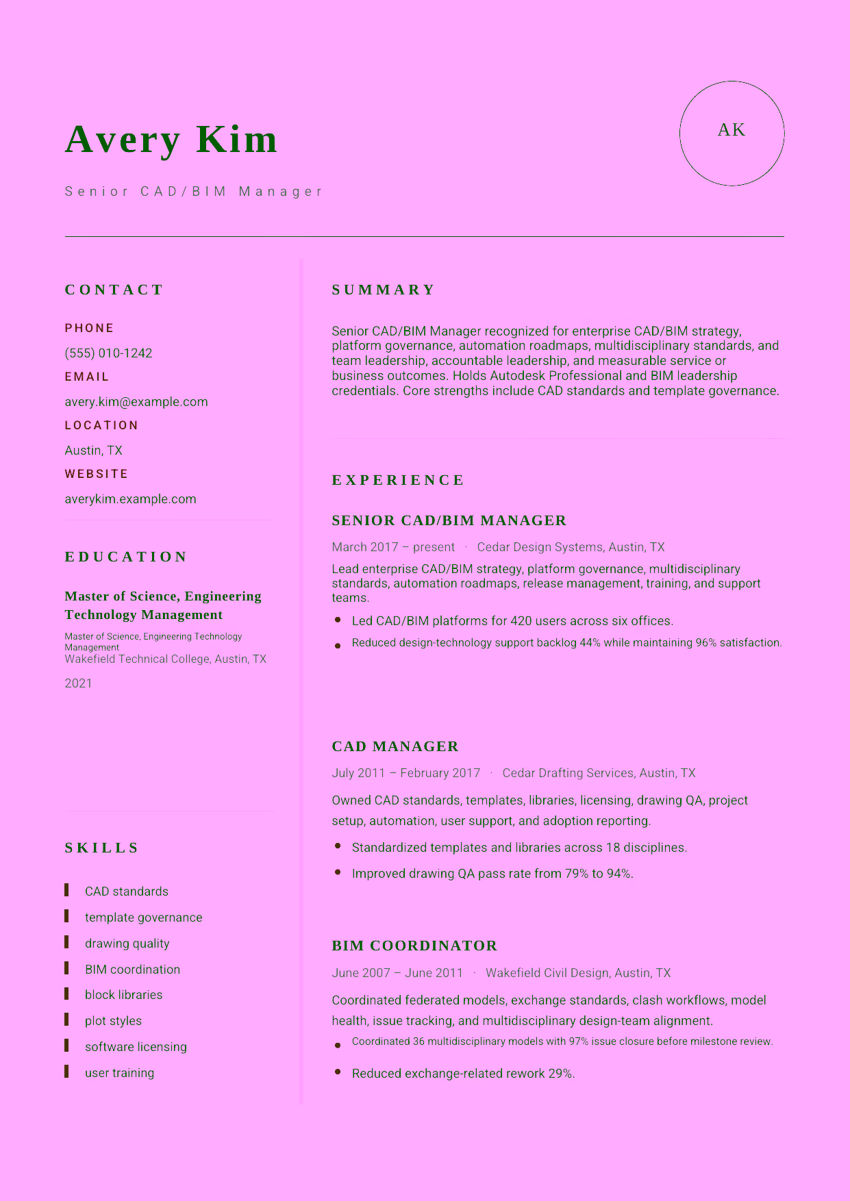 Advanced Senior CAD/BIM Manager resume example in the Grus template focused on enterprise CAD/BIM strategy, platform governance, automation roadmaps, multidisciplinary standards, and team leadership.
