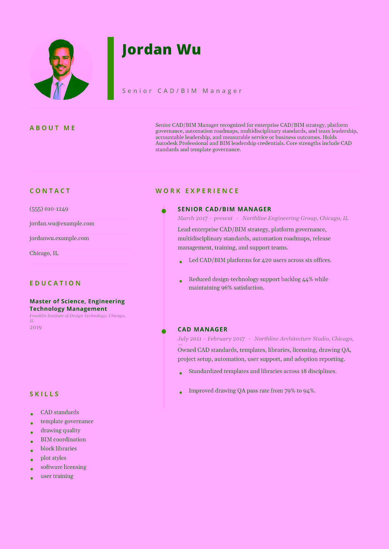 Advanced Senior CAD/BIM Manager resume example in the Pegasus template focused on enterprise CAD/BIM strategy, platform governance, automation roadmaps, multidisciplinary standards, and team leadership.