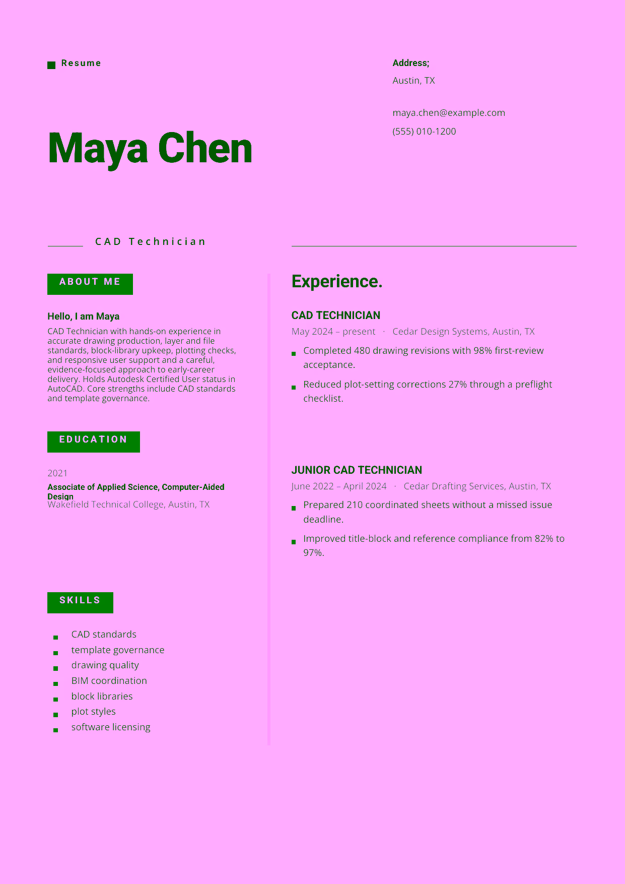 Entry-level CAD Technician resume example in the Indus template focused on accurate drawing production, layer and file standards, block-library upkeep, plotting checks, and responsive user support.