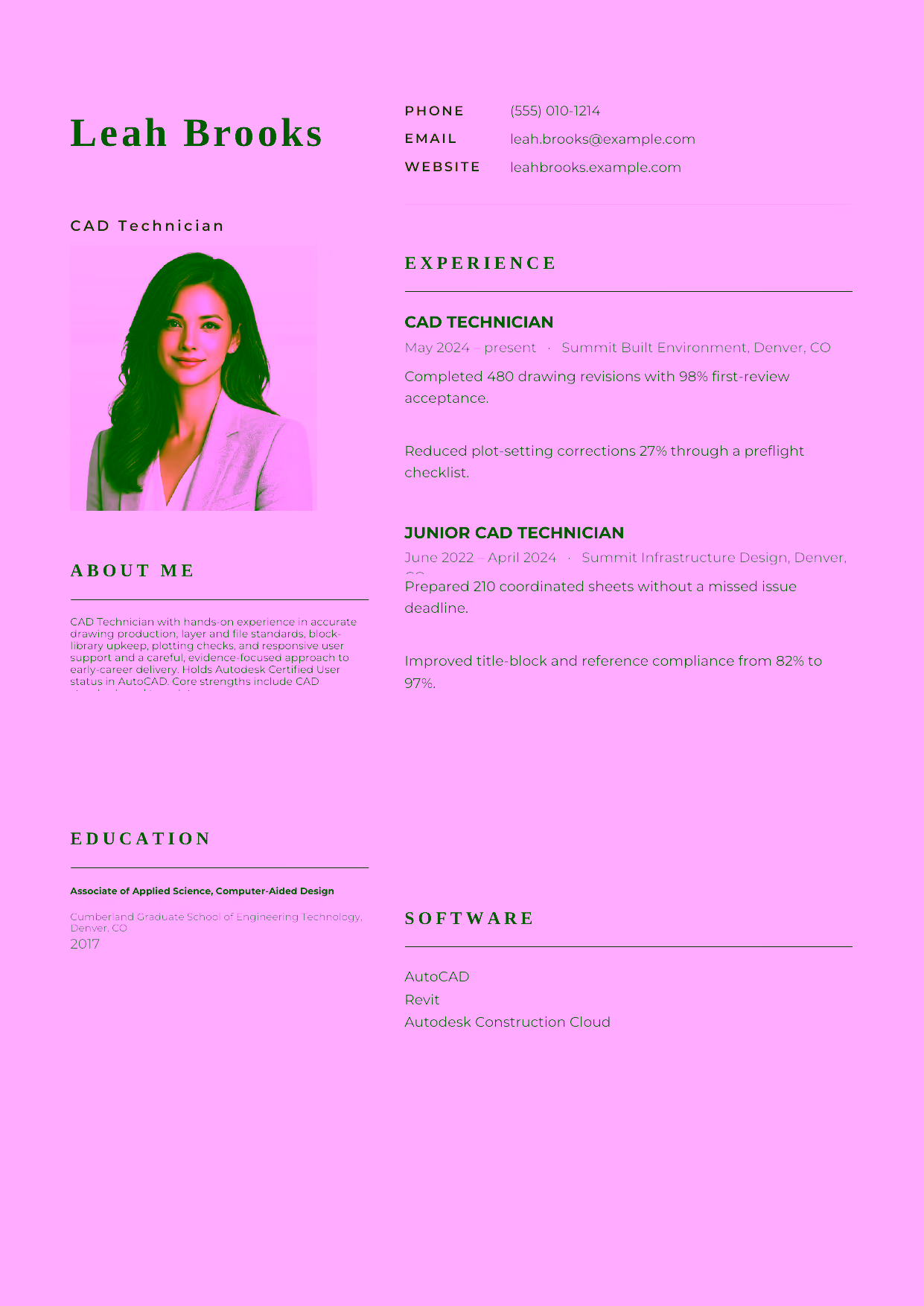 Entry-level CAD Technician resume example in the Hydra template focused on accurate drawing production, layer and file standards, block-library upkeep, plotting checks, and responsive user support.