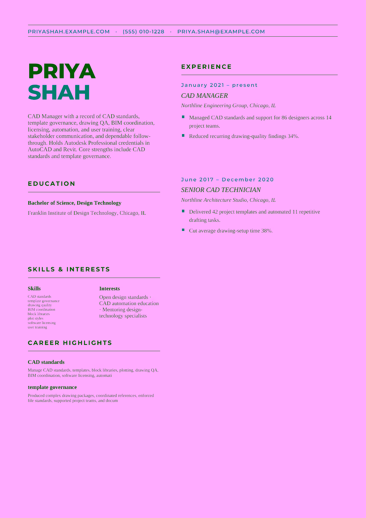 Mid-level CAD Manager resume example in the Bootes template focused on CAD standards, template governance, drawing QA, BIM coordination, licensing, automation, and user training.