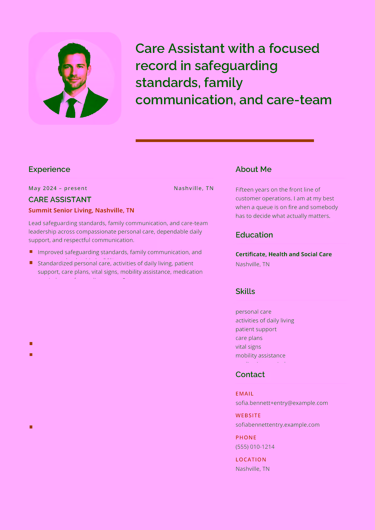 Entry-level Care Assistant resume example in the Andromeda template focused on compassionate personal care, dependable daily support, and respectful communication.
